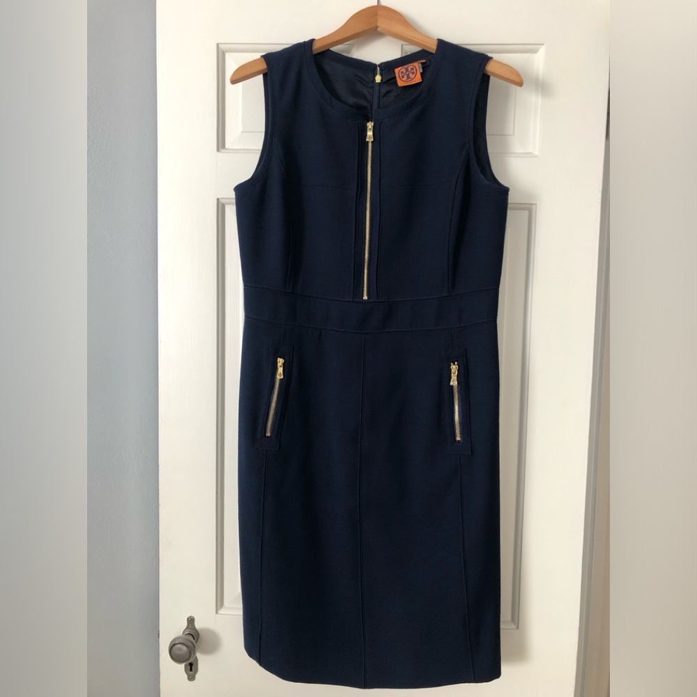 Tory Burch Navy Blue Sleeveless Shift Dress with Gold Zippers & Pockets 12